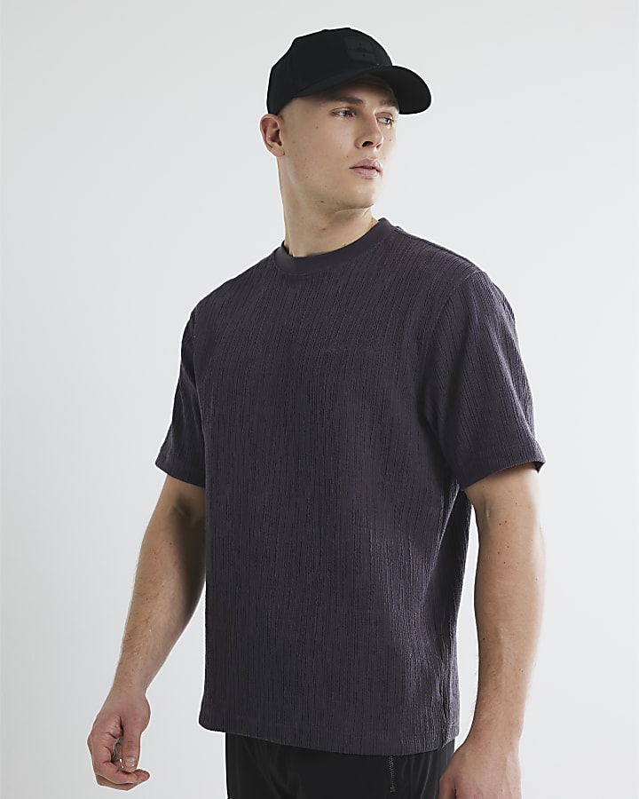 Grey Regular Fit Plisse Embroided T-Shirt