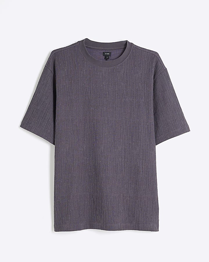 Grey  Short Sleeve Plisse Embroidery T-Shirt