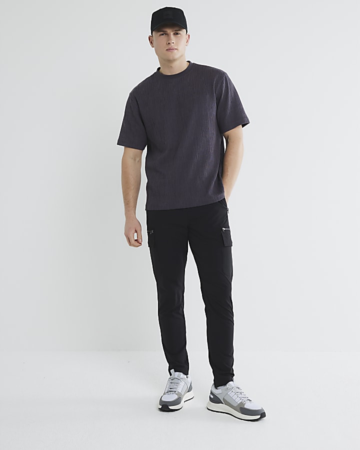 Grey Regular Fit Plisse Embroided T-Shirt