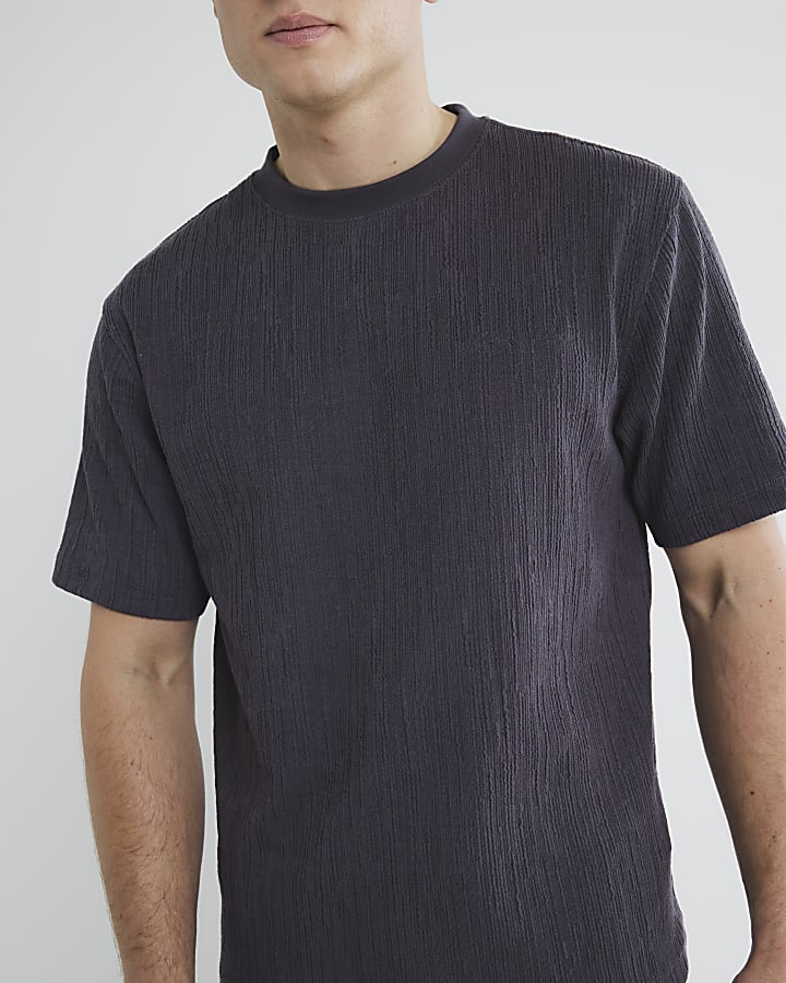 Grey Regular Fit Plisse Embroided T-Shirt