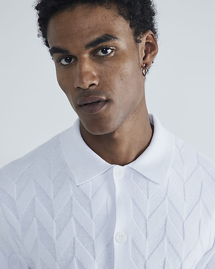 White Slim Fit Chevron Knitted Polo Shirt