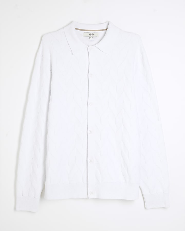 White Slim Fit Chevron Knitted Polo Shirt