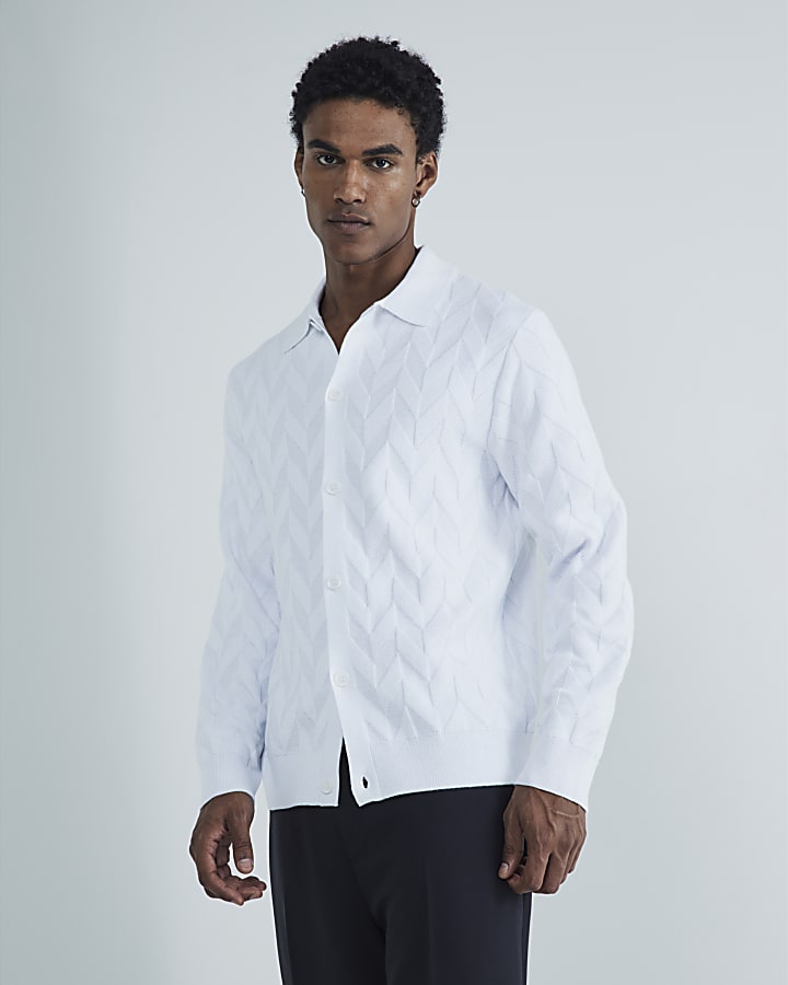 White Slim Fit Chevron Knitted Polo Shirt