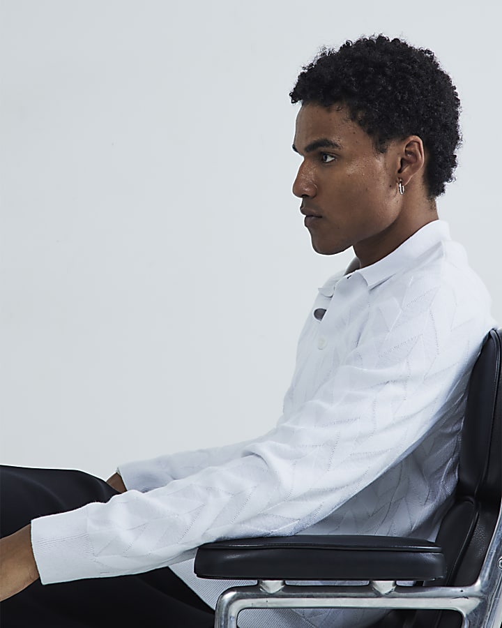 White Slim Fit Chevron Knitted Polo Shirt