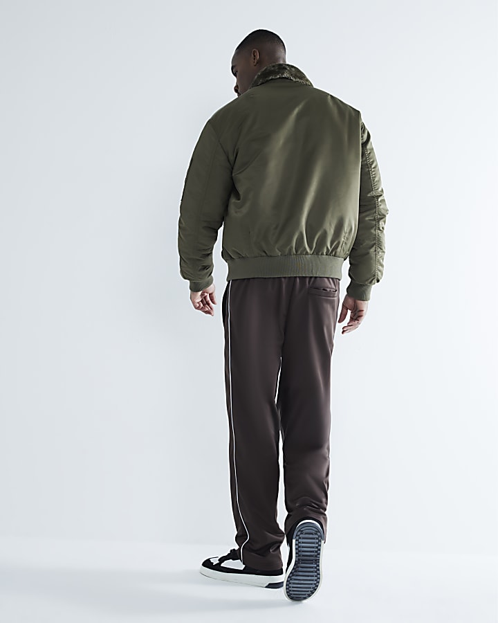 Khaki Embroidery Borg Collared Bomber Jacket