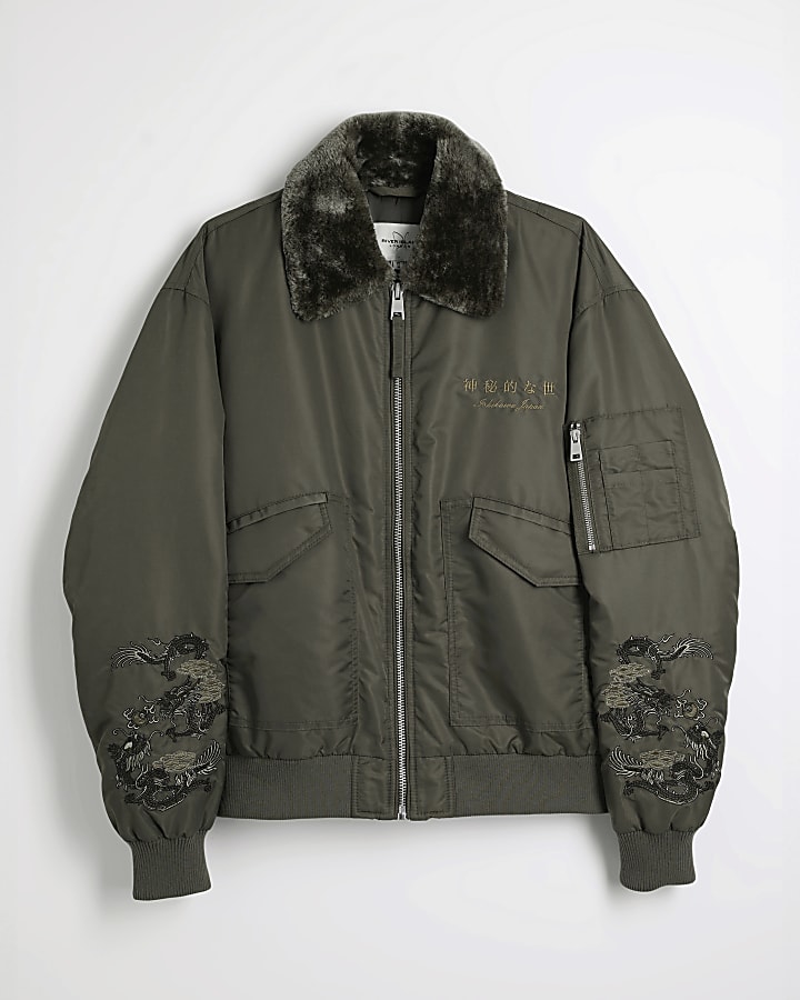 Khaki Embroidery Borg Collared Bomber Jacket