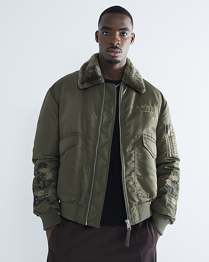 Khaki Embroidery Borg Collared Bomber Jacket