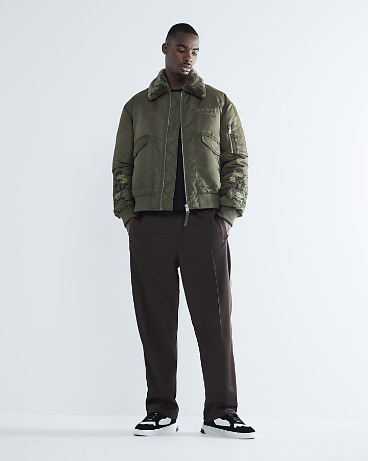 Khaki Embroidery Borg Collared Bomber Jacket