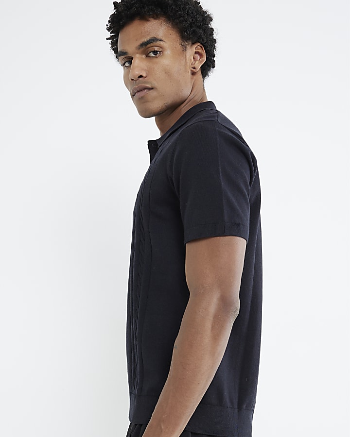 Black Slim Fit Cable Knit Polo Shirt