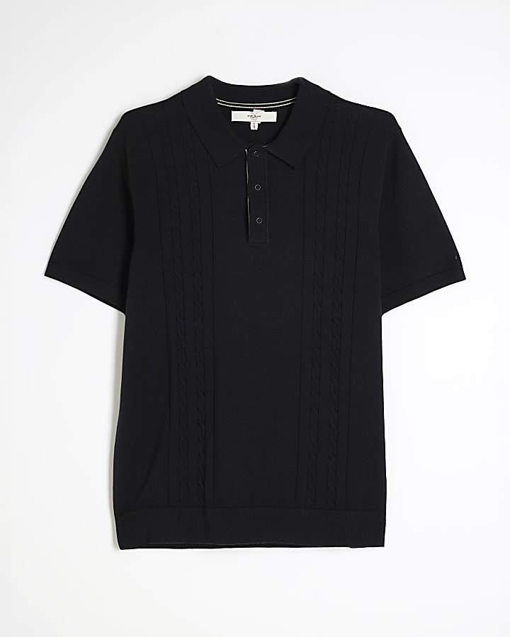 Black Slim Fit Cable Knit Polo Shirt