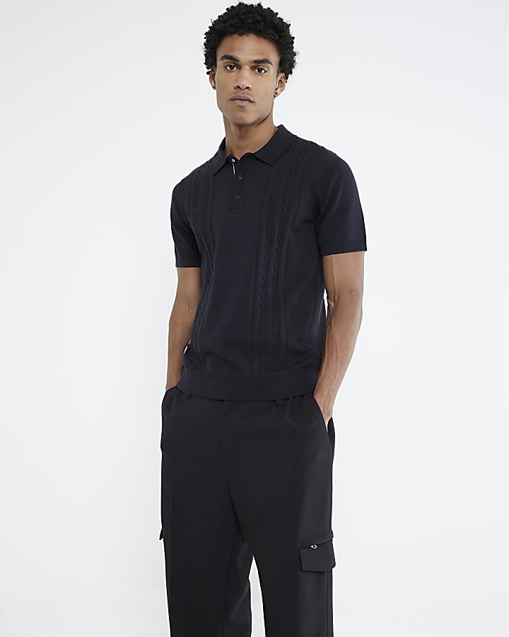 Black Slim Fit Cable Knit Polo Shirt