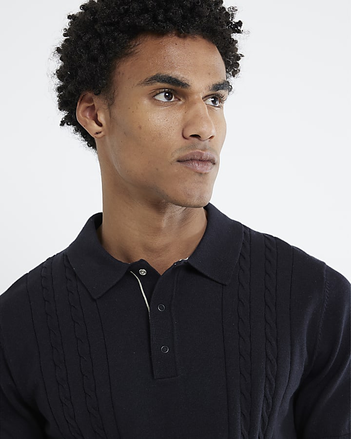 Black Slim Fit Cable Knit Polo Shirt