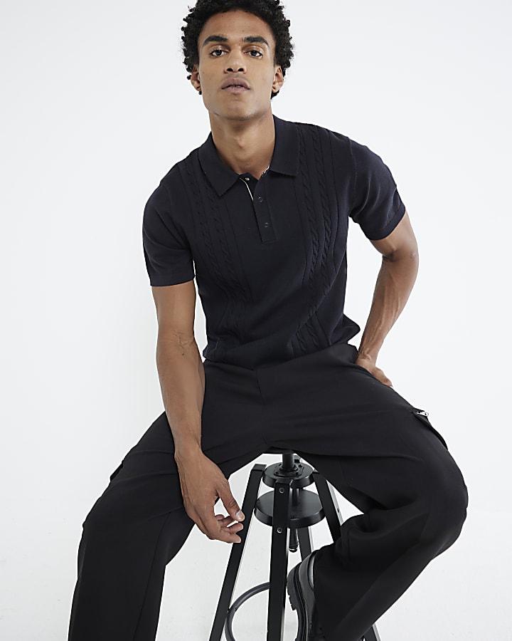 Black Slim Fit Cable Knit Polo Shirt