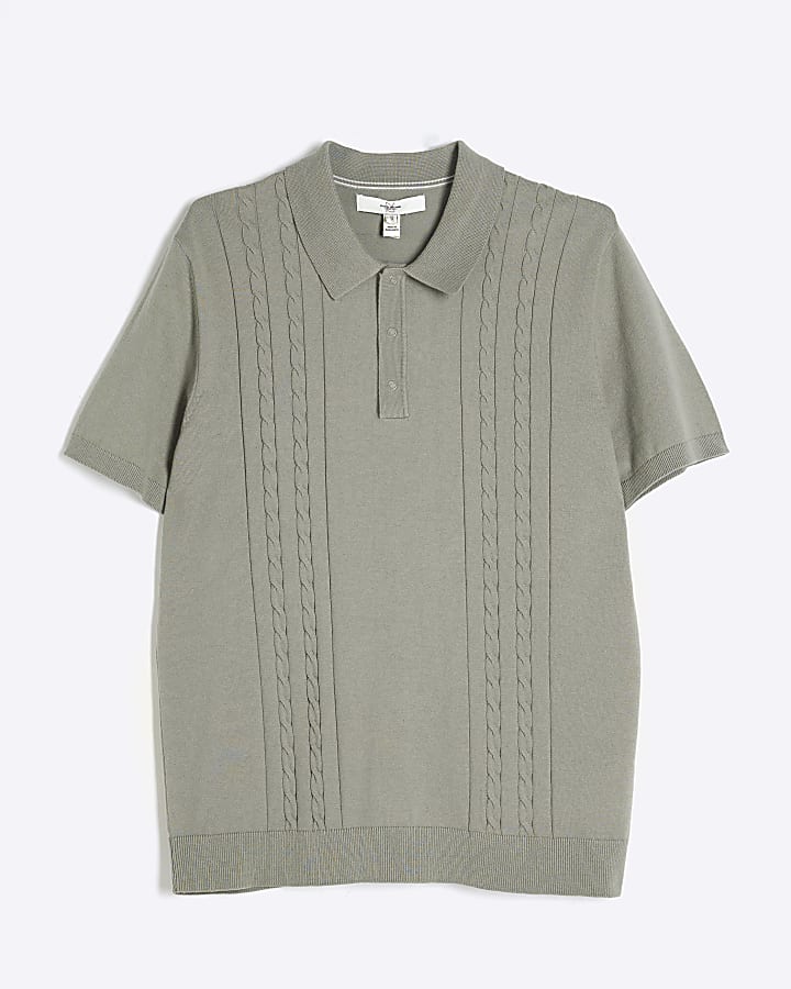 Green Slim Fit Cable Knit Polo Shirt