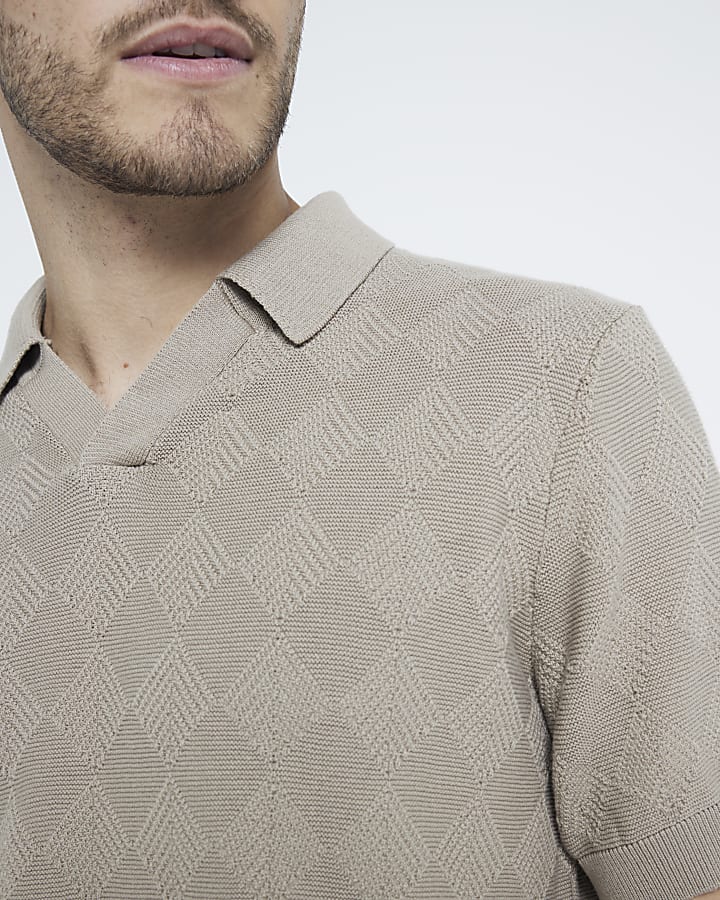 Beige Diamond Stitch Open Collar Polo Shirt