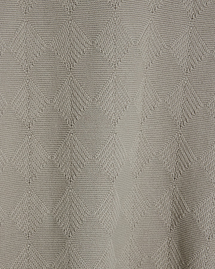 Beige Diamond Stitch Open Collar Polo Shirt