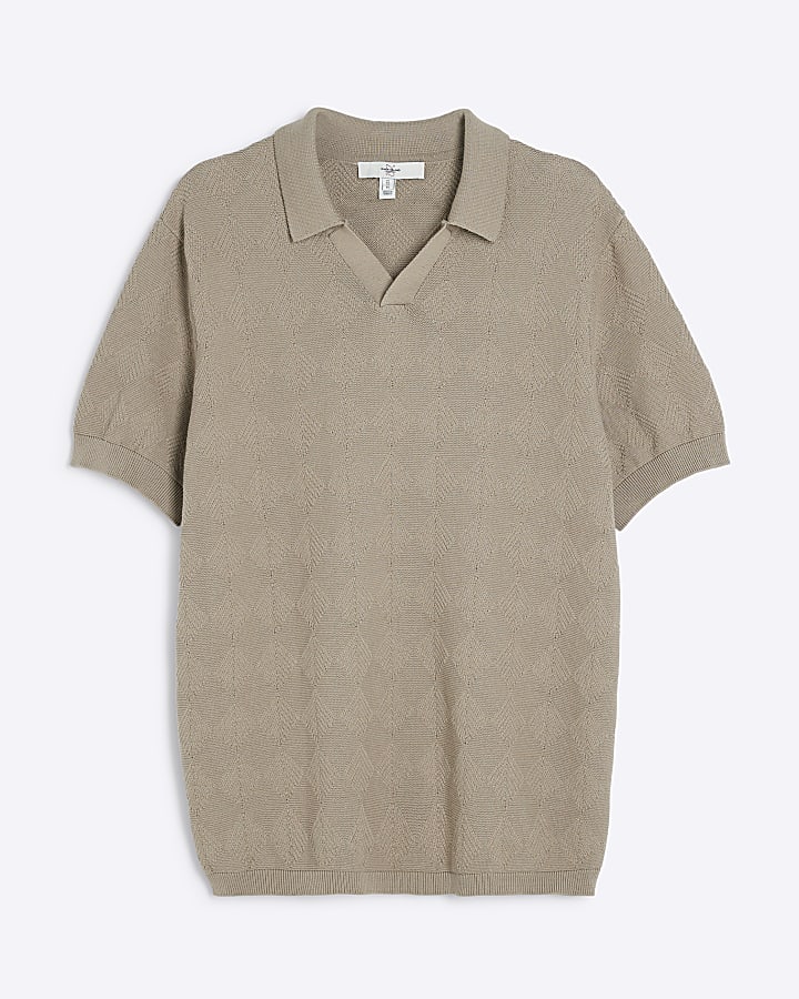 Beige Diamond Stitch Open Collar Polo Shirt