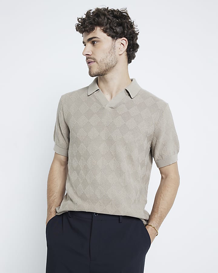 Beige Diamond Stitch Open Collar Polo Shirt