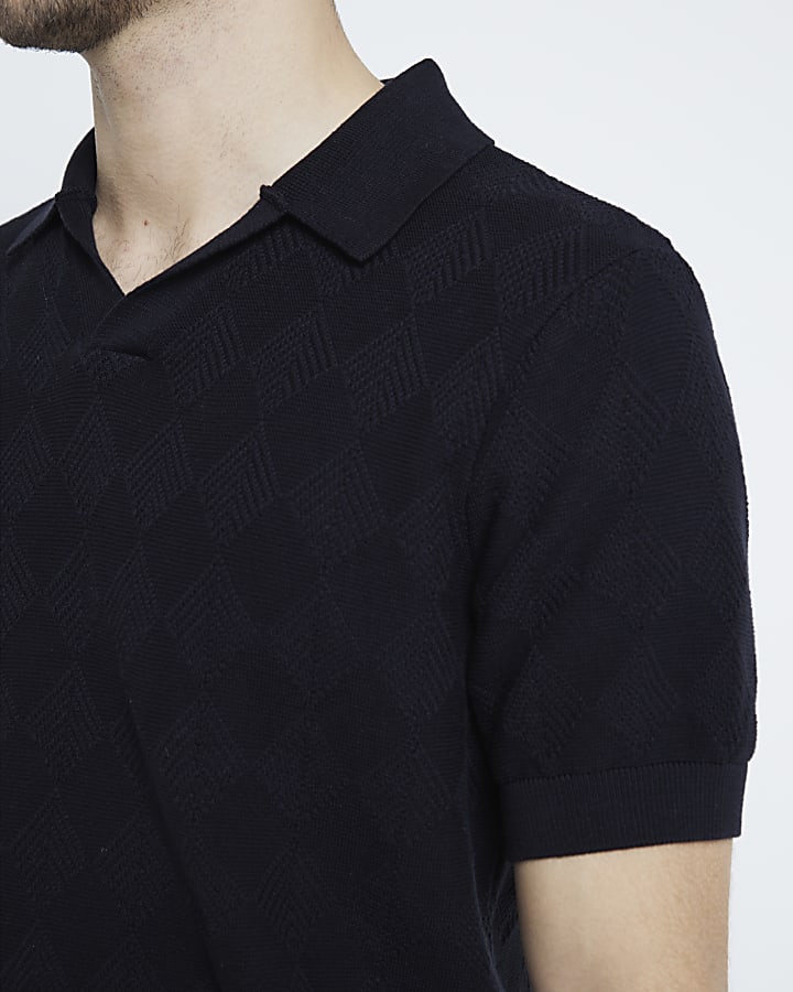 Black Diamond Stitch Open Collar Polo Shirt