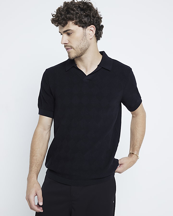 Black Diamond Stitch Open Collar Polo Shirt