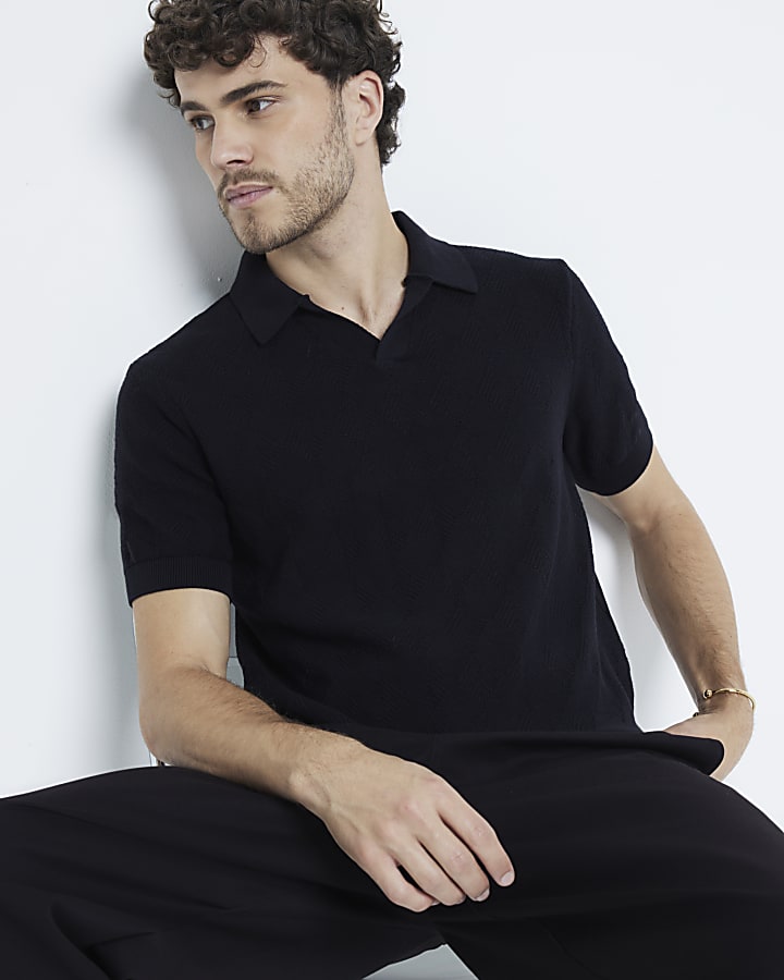 Black Diamond Stitch Open Collar Polo Shirt