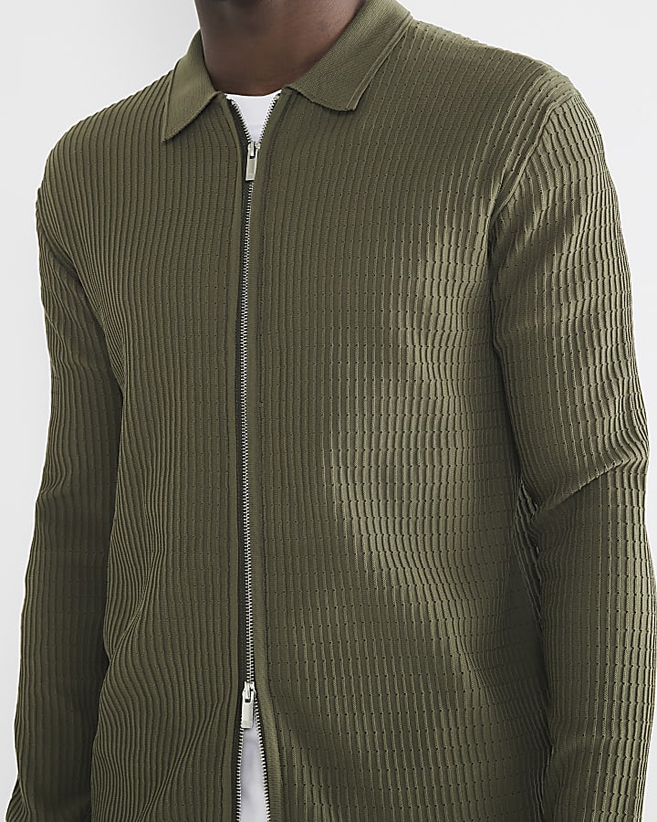 Khaki Long Sleeve Brick Knitted Shirt