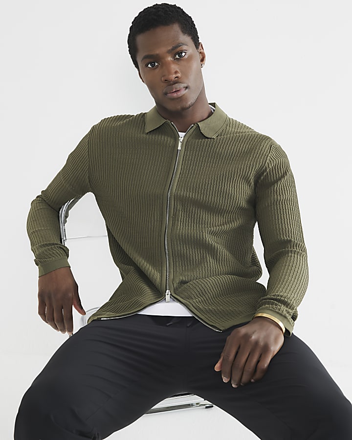 Khaki Long Sleeve Brick Knitted Shirt