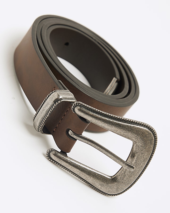 Brown Faux Leather Western Buckle Belt