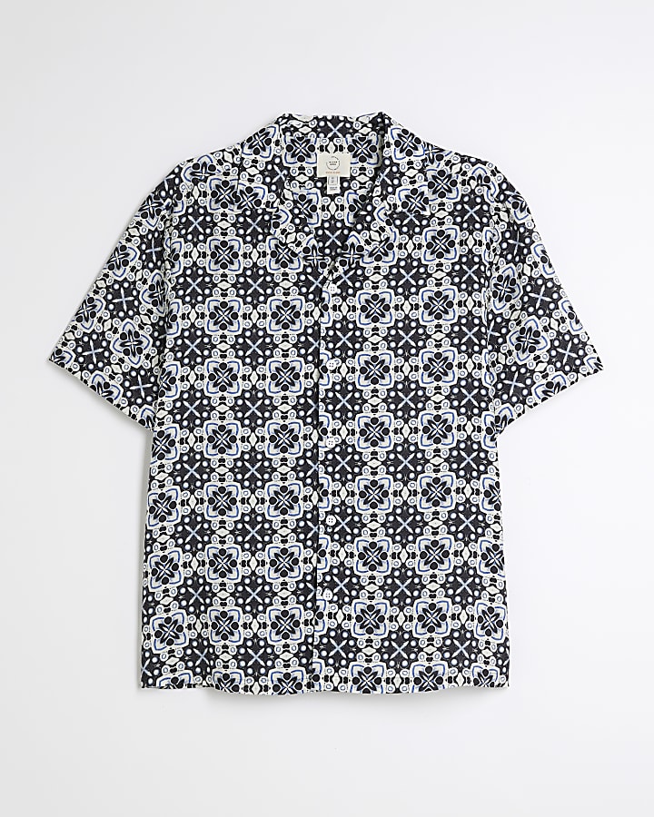 Blue Geometric Print Revere Shirt