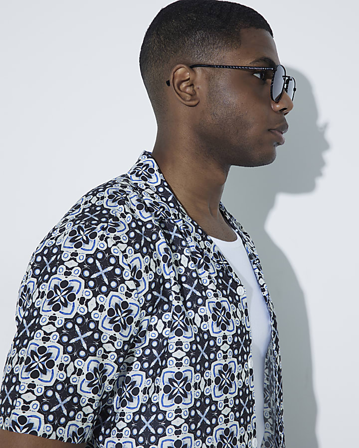 Blue Geometric Print Revere Shirt