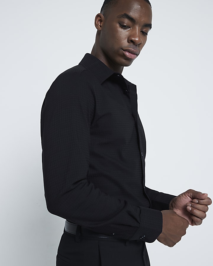 Black Slim Fit Jacquard Long Sleeve Shirt