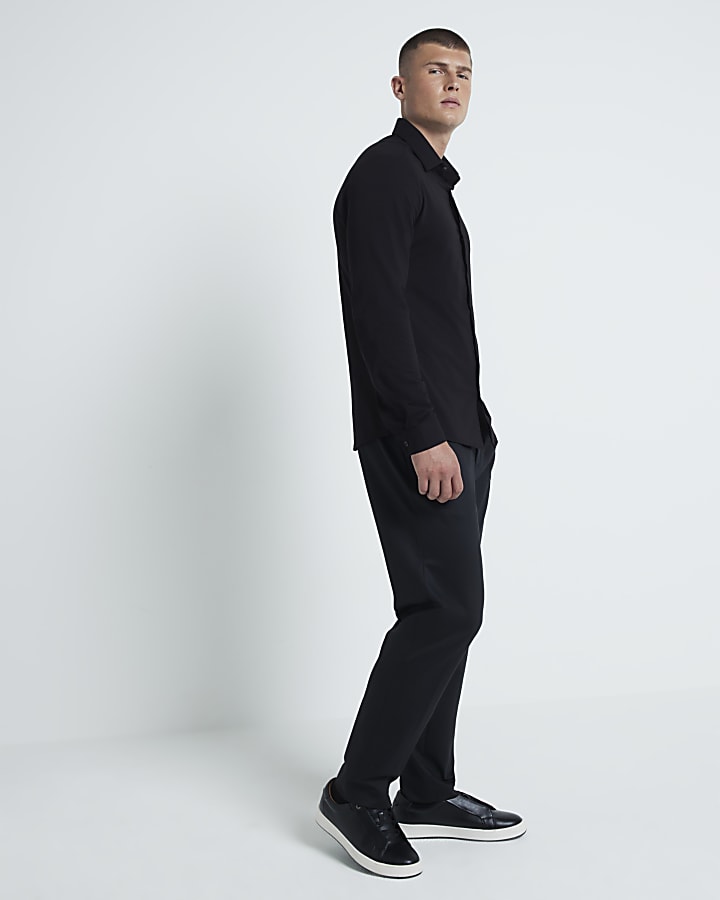 Black Muscle Fit Long Sleeve Jersey Shirt