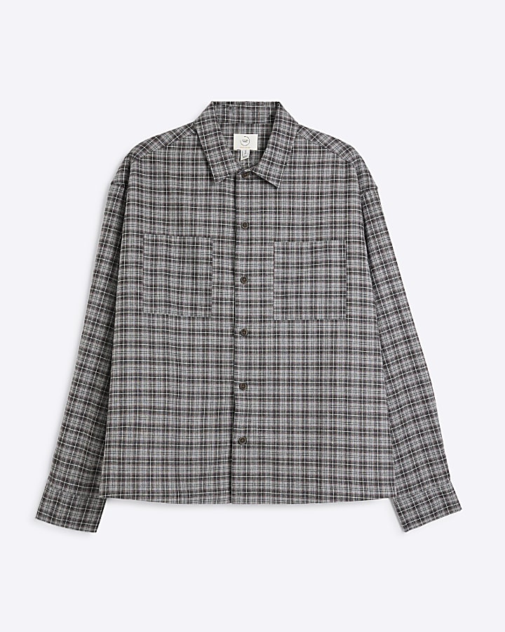 Grey Boxy Fit Long Sleeve Check Shirt