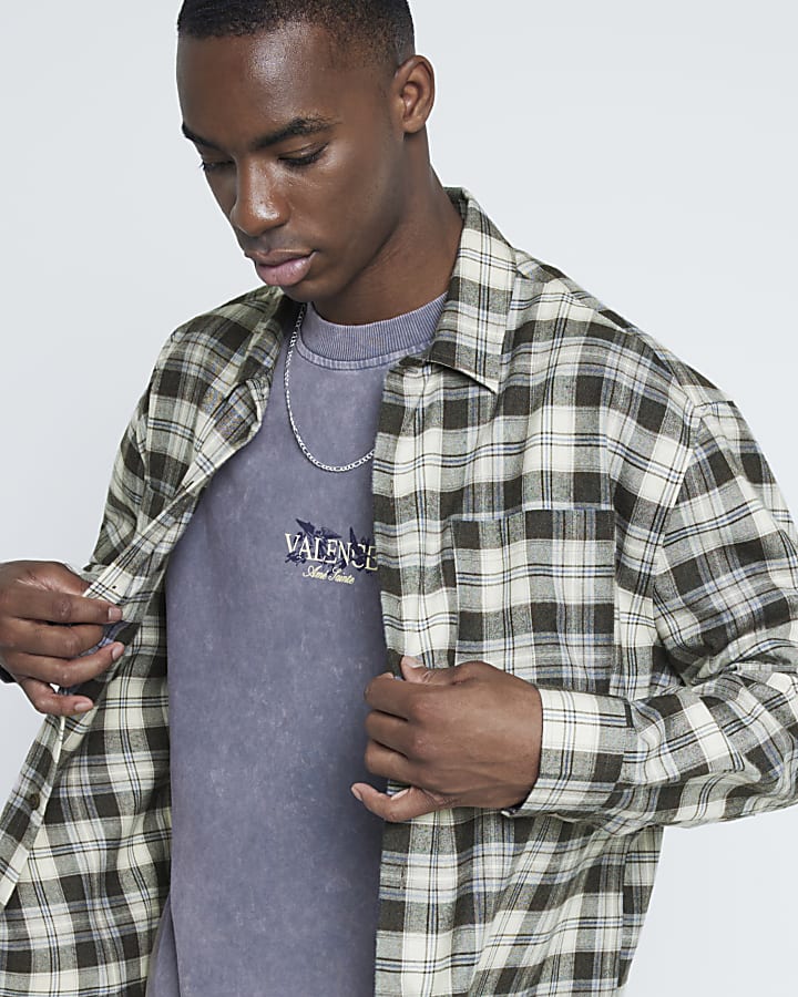 Beige Boxy Fit Double Pocket Check Shirt