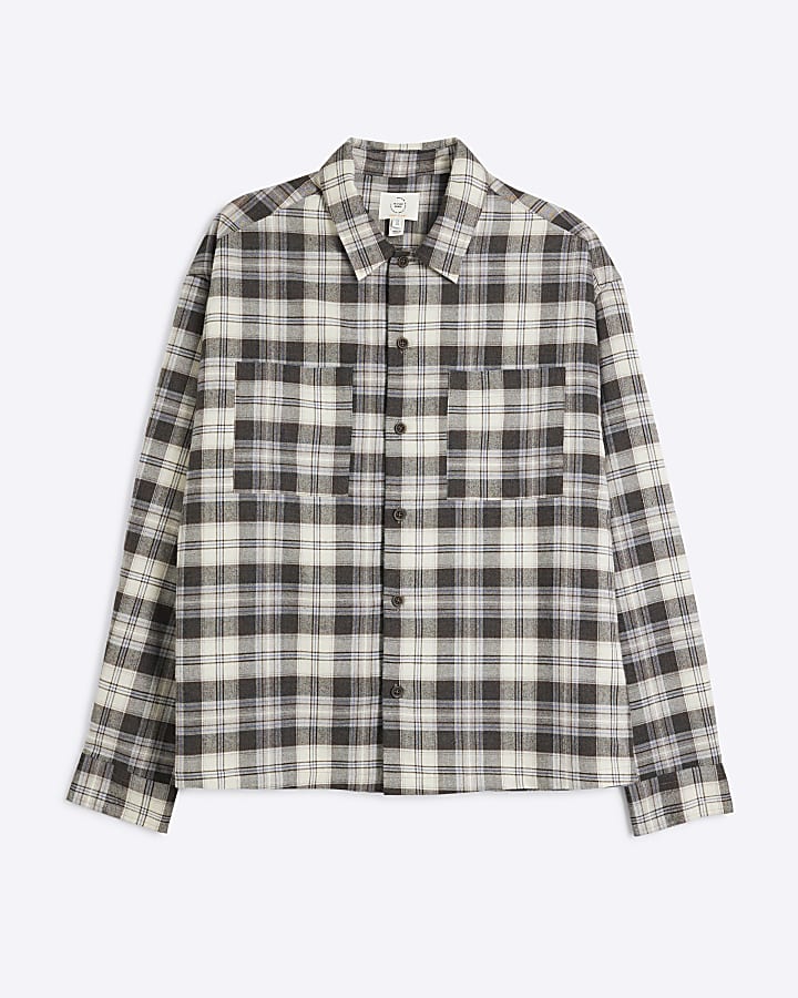 Beige Boxy Fit Double Pocket Check Shirt