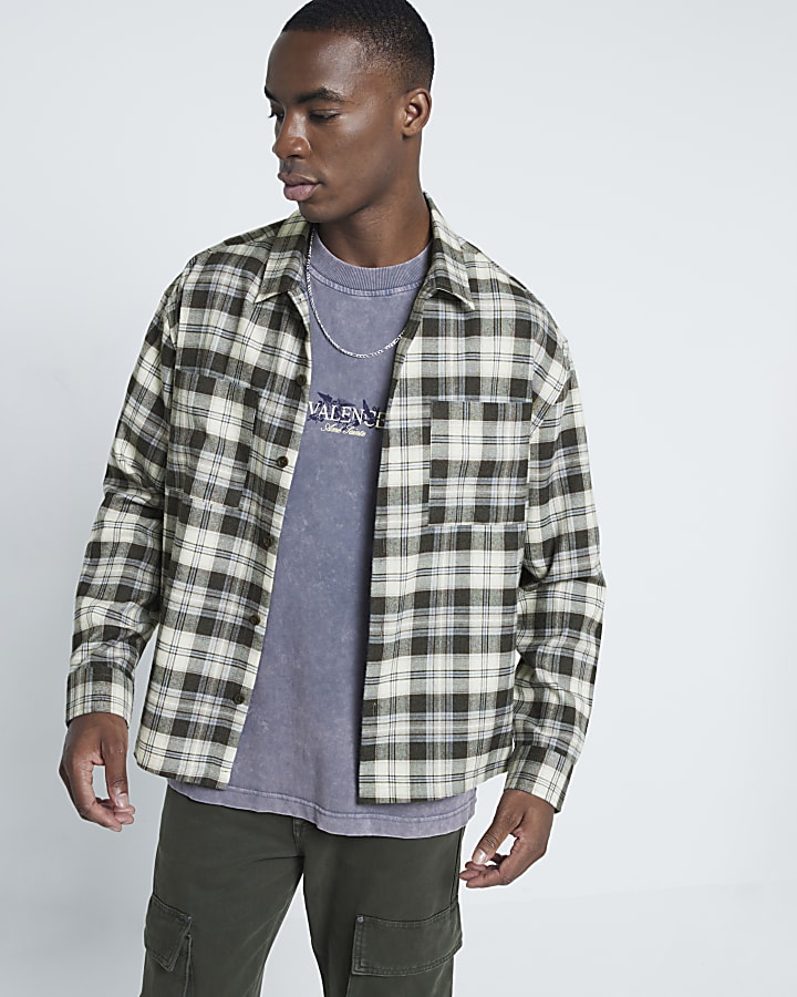 Beige Boxy Fit Double Pocket Check Shirt