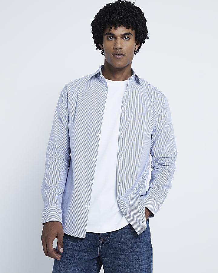 Blue Muscle Fit Stripe Stretch Shirt