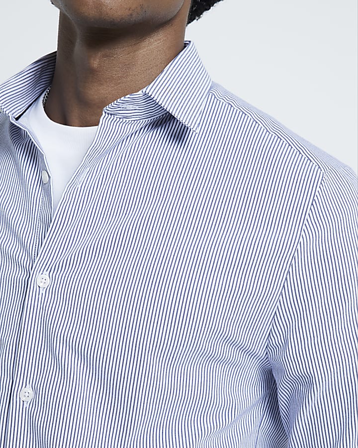 Blue Muscle Fit Stripe Stretch Shirt