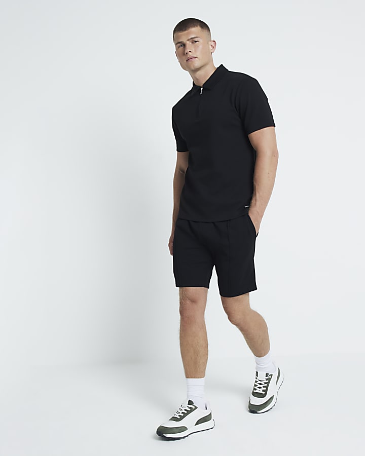 Black Slim Fit Pique Shorts