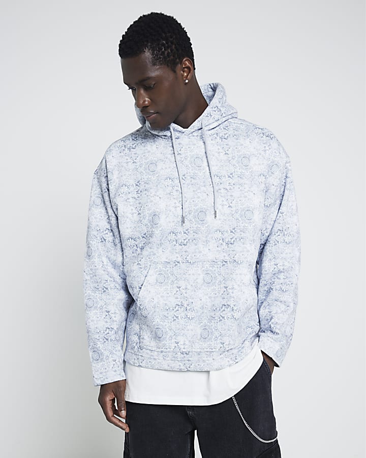 Blue Oversized fit Paisley Open Hem Hoodie