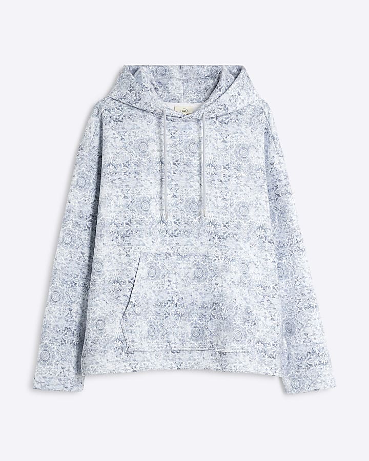 Blue Oversized fit Paisley Open Hem Hoodie