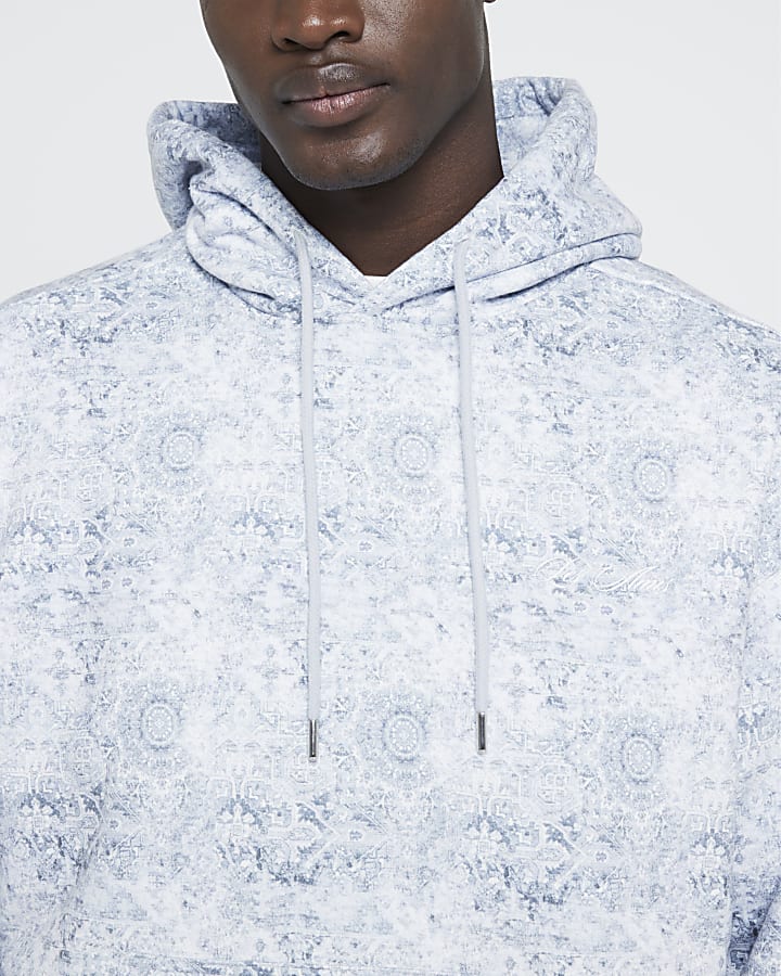 Blue Oversized fit Paisley Open Hem Hoodie