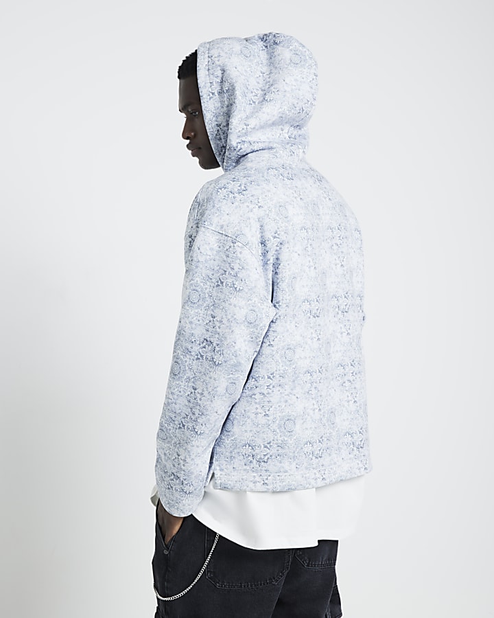 Blue Oversized fit Paisley Open Hem Hoodie