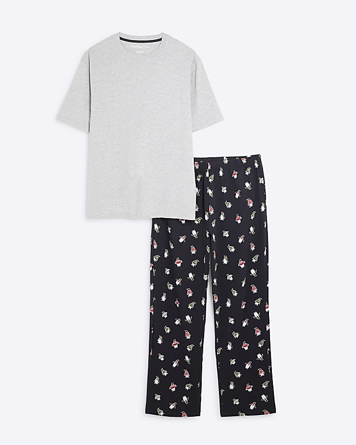 Grey Penguin Top and Bottom Pyjamas Set