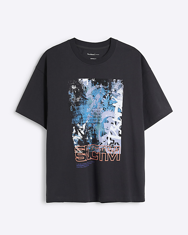 Black Cropped Boxy Fit Graphic T-Shirt