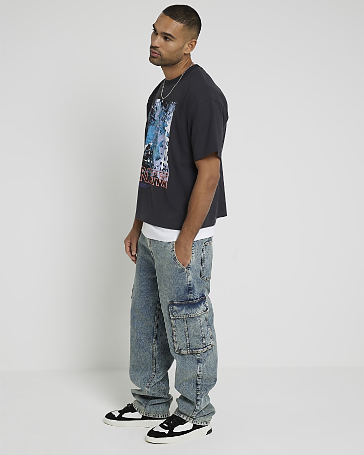 Black Cropped Boxy Fit Graphic T-Shirt