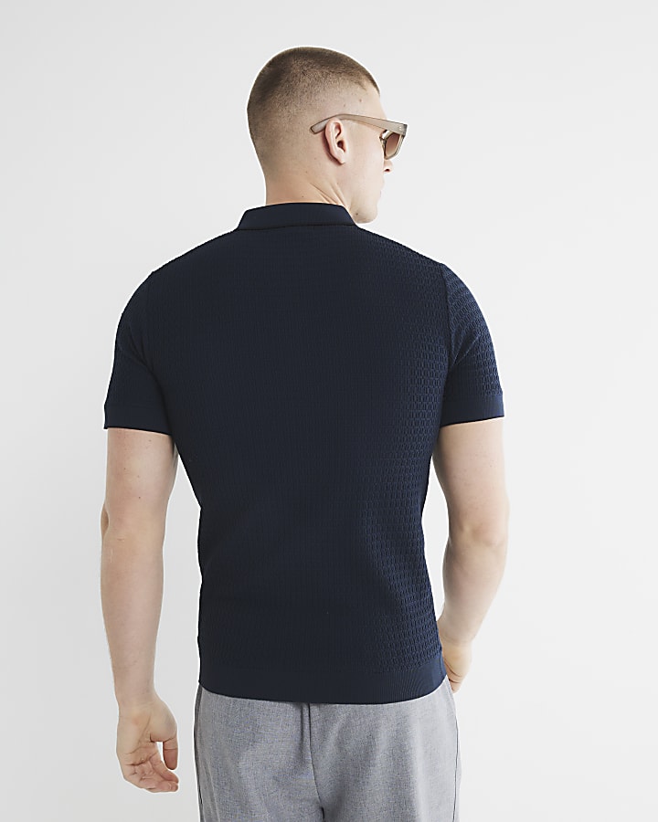 Navy Muscle Fit Textured Tipped Polo Shirt