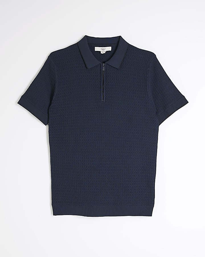 Navy Muscle Fit Textured Tipped Polo Shirt