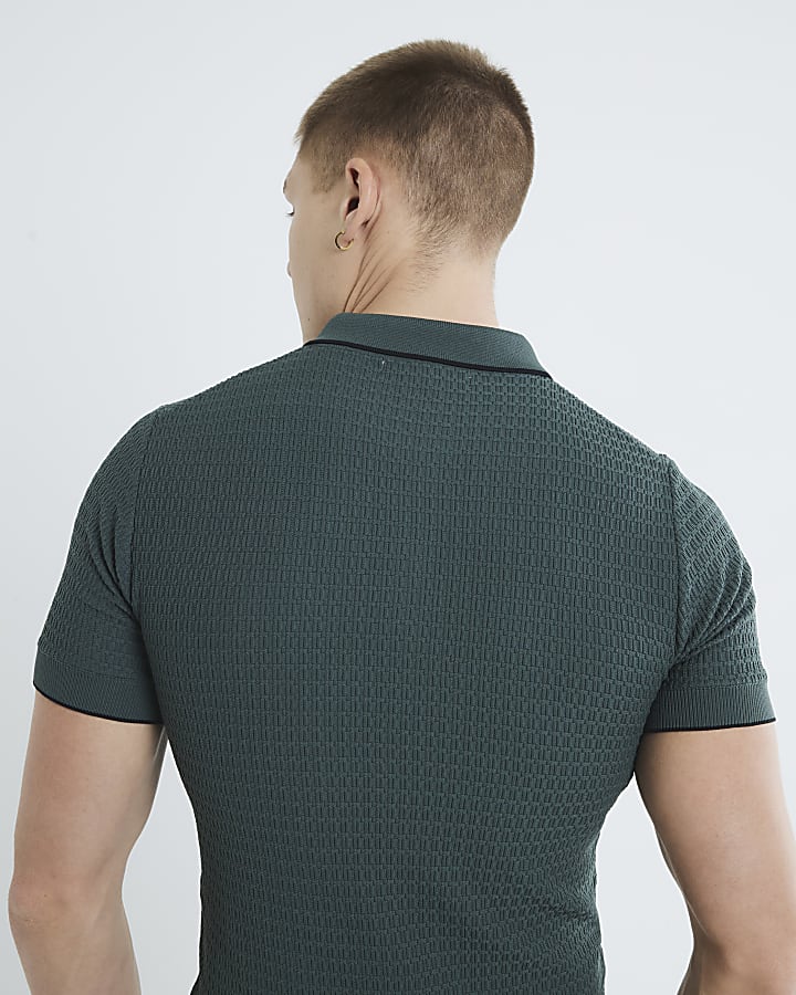 Green Muscle Fit Textured Tipped Polo Shirt