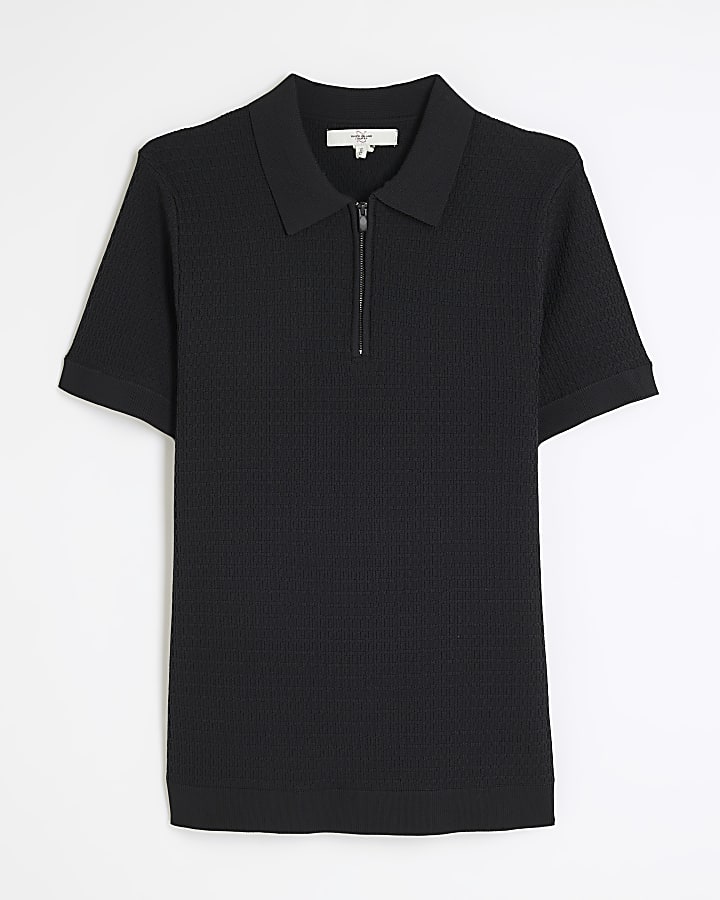 Black Muscle Fit Textured Polo Shirt